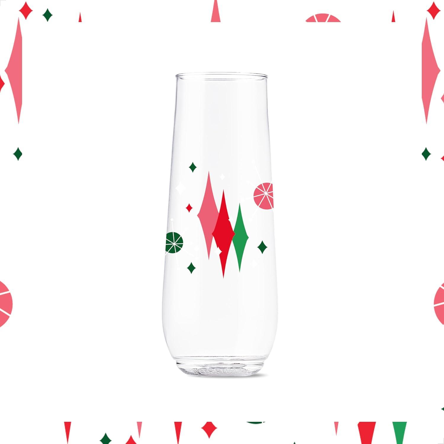 imageTOSSWARE POP 9oz Flute MidCentury Retro Series SET OF 6 Premium Quality Recyclable Unbreakable ampamp Crystal Clear Plastic Printed GlassesRetro Festive Pattern