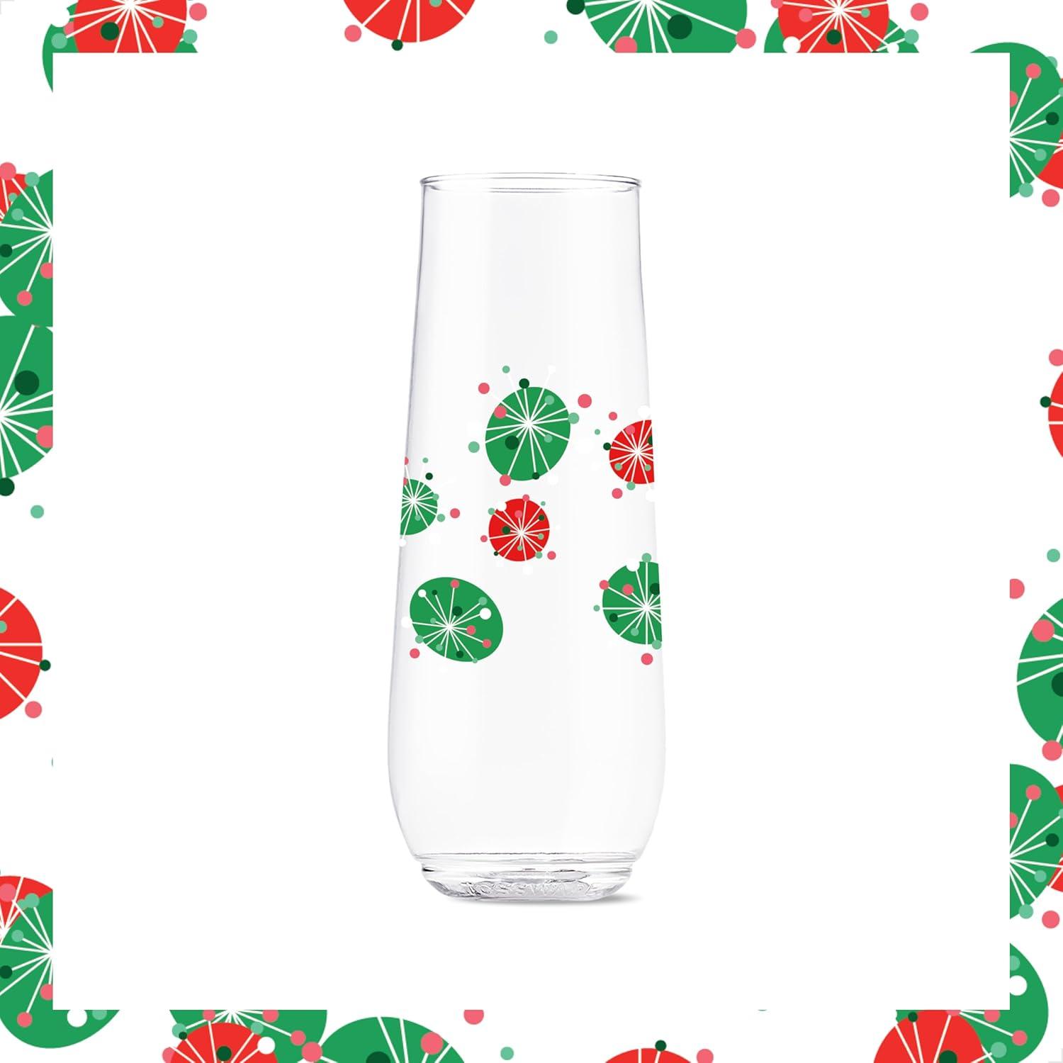 imageTOSSWARE POP 9oz Flute MidCentury Retro Series SET OF 6 Premium Quality Recyclable Unbreakable ampamp Crystal Clear Plastic Printed GlassesRetro Festive Pattern