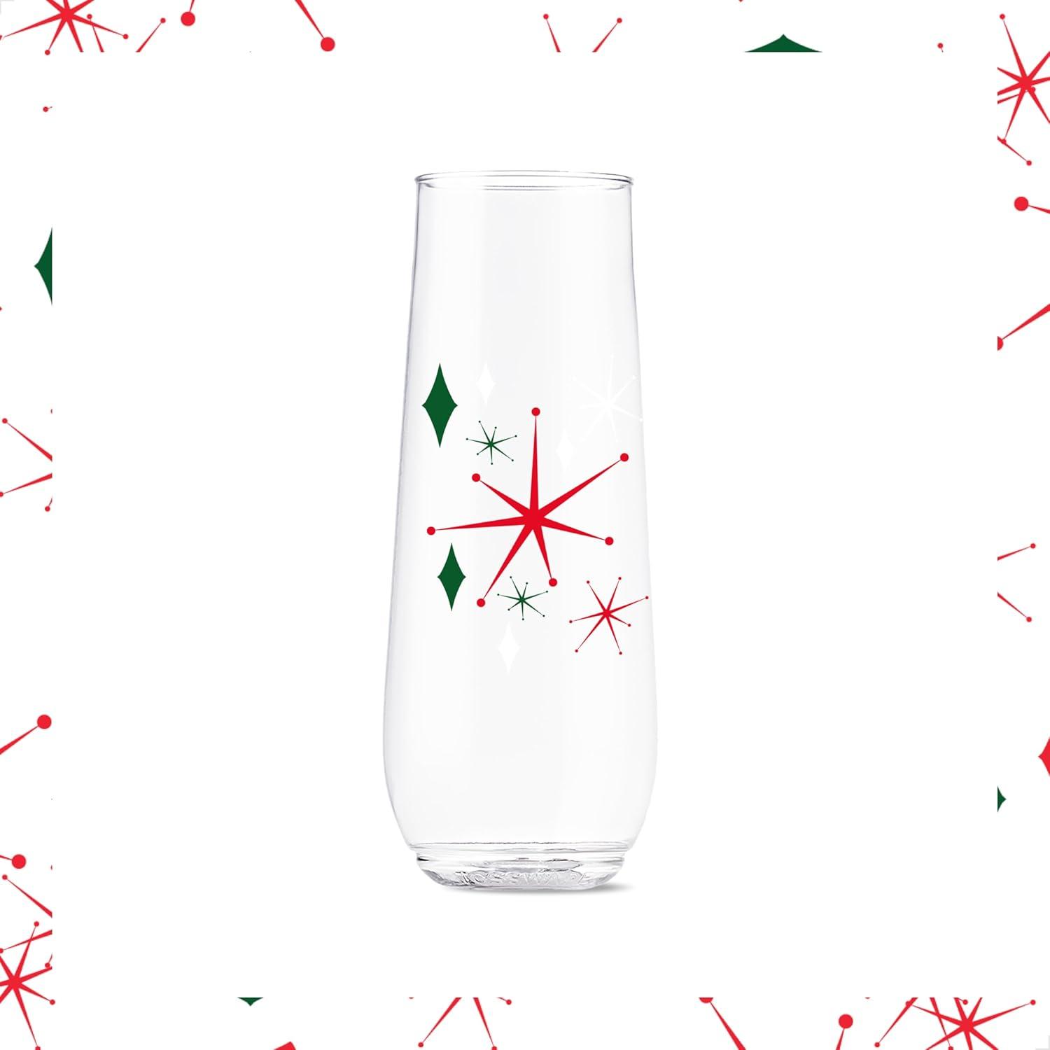 imageTOSSWARE POP 9oz Flute MidCentury Retro Series SET OF 6 Premium Quality Recyclable Unbreakable ampamp Crystal Clear Plastic Printed GlassesRetro Festive Pattern