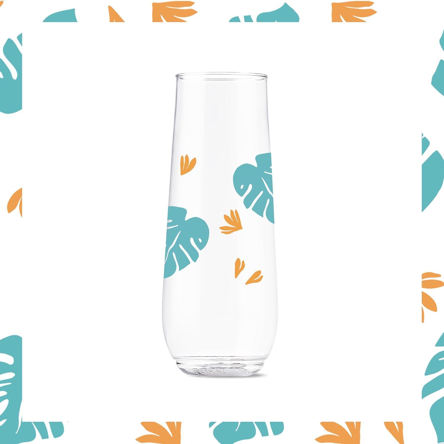 imageTOSSWARE POP 9oz Flute MidCentury Retro Series SET OF 6 Premium Quality Recyclable Unbreakable ampamp Crystal Clear Plastic Printed GlassesTropical Abstract