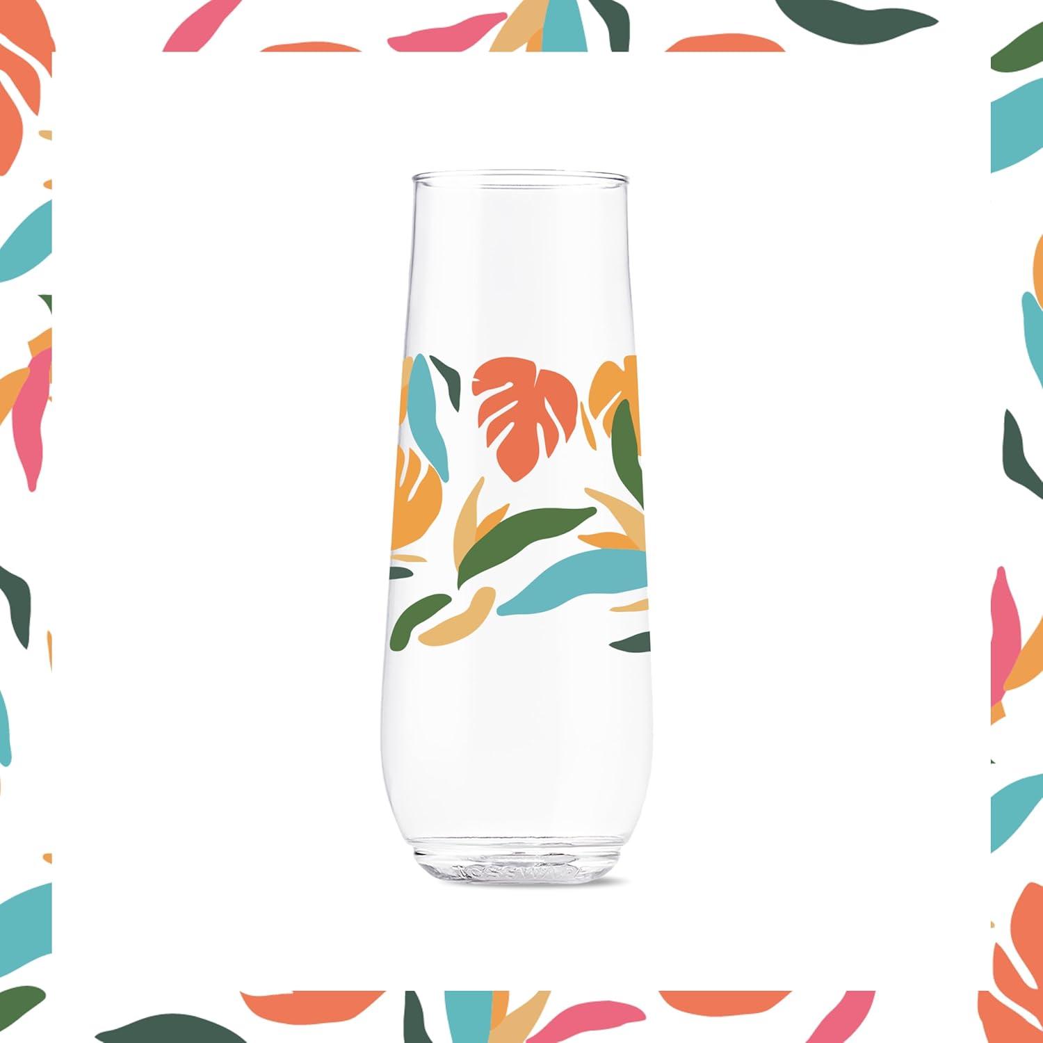 imageTOSSWARE POP 9oz Flute MidCentury Retro Series SET OF 6 Premium Quality Recyclable Unbreakable ampamp Crystal Clear Plastic Printed GlassesTropical Abstract