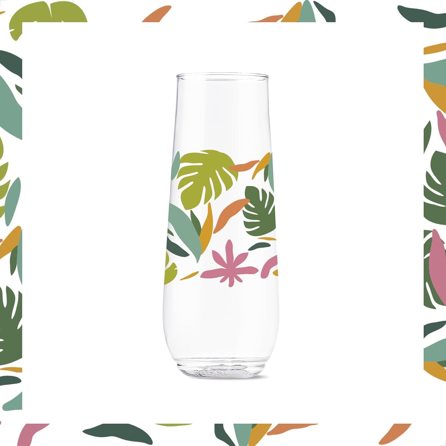 imageTOSSWARE POP 9oz Flute MidCentury Retro Series SET OF 6 Premium Quality Recyclable Unbreakable ampamp Crystal Clear Plastic Printed GlassesTropical Abstract