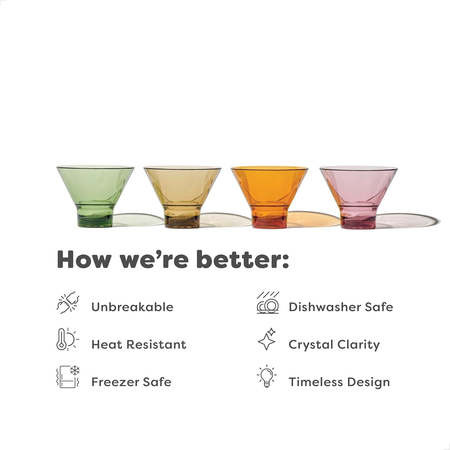 imageTOSSWARE RESERVE 8oz Stemless Martini Glass SET OF 24 Tritan Dishwasher Safe ampamp Heat Resistant Unbreakable Plastic Cocktail Glasses ClearSet of 4  Color Series