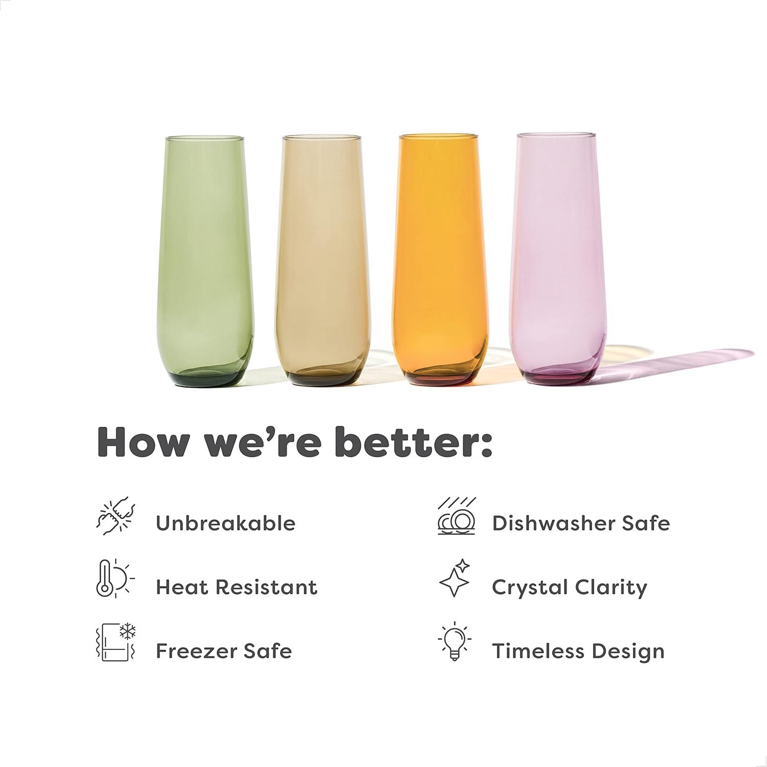 imageTOSSWARE RESERVE 9oz Stemless Flute  Color Series SET OF 4 Premium Quality Tritan Dishwasher Safe ampamp Heat Resistant Unbreakable Plastic Champagne Glasses