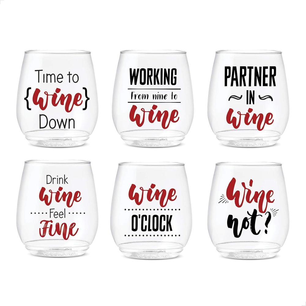 imageTOSSWARE POP 14oz Vino All About Wine Series SET OF 6 Premium Quality Recyclable Unbreakable ampamp Crystal Clear Plastic Printed Glasses