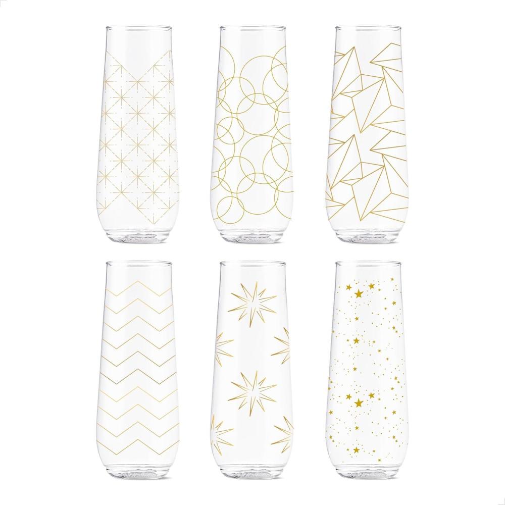 imageTOSSWARE POP 9oz Flute Linear Gold Series SET OF 6 Premium Quality Recyclable Unbreakable ampamp Crystal Clear Plastic Printed Champagne GlassesFestive Cheers