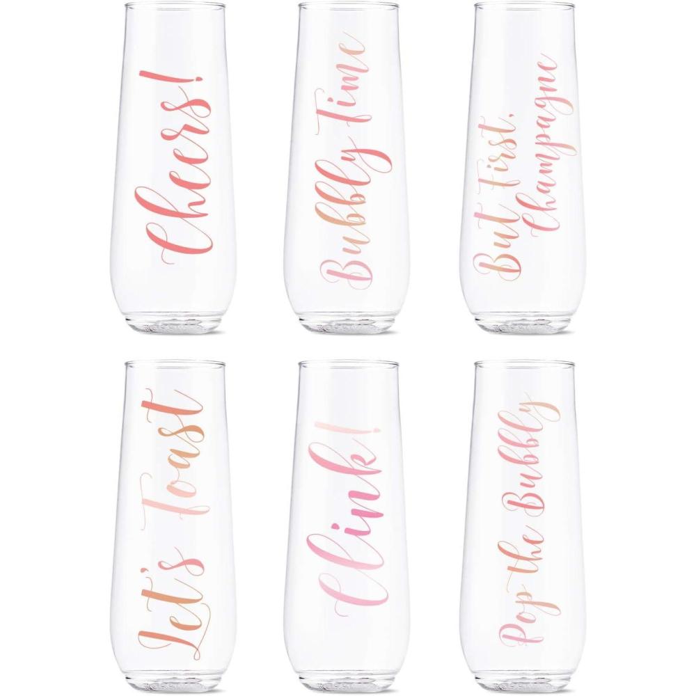 imageTOSSWARE POP 9oz Flute Linear Gold Series SET OF 6 Premium Quality Recyclable Unbreakable ampamp Crystal Clear Plastic Printed Champagne GlassesPink Rose Toast