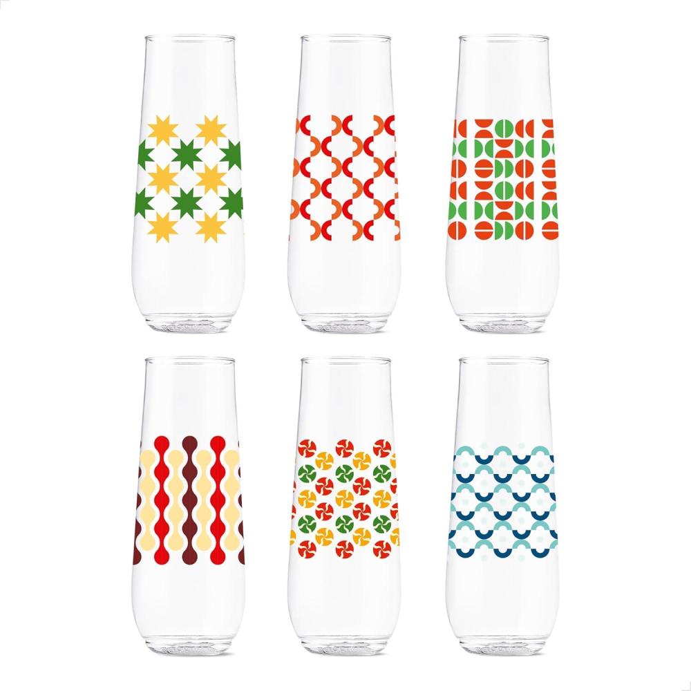 imageTOSSWARE POP 9oz Flute MidCentury Retro Series SET OF 6 Premium Quality Recyclable Unbreakable ampamp Crystal Clear Plastic Printed GlassesAbstract Christmas Pattern