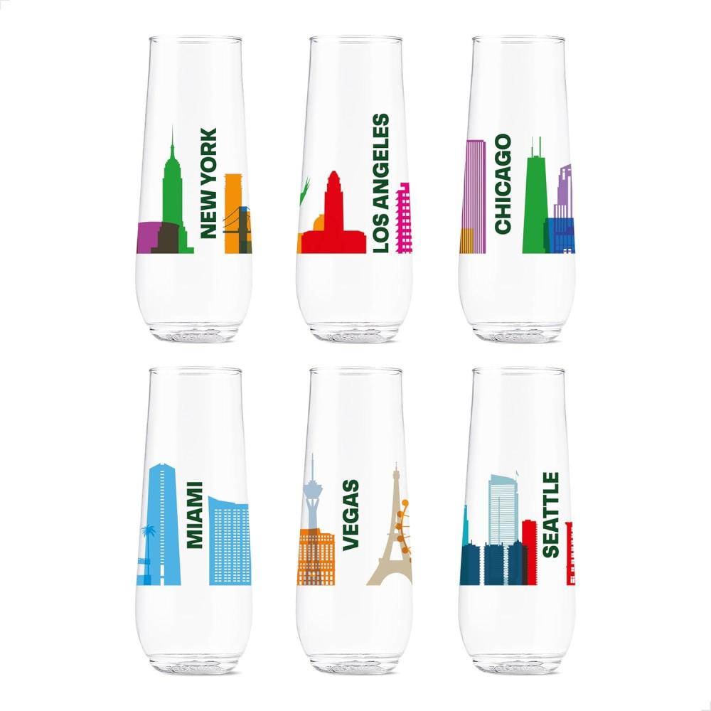 imageTOSSWARE POP 9oz Flute MidCentury Retro Series SET OF 6 Premium Quality Recyclable Unbreakable ampamp Crystal Clear Plastic Printed GlassesAmerican Skylines