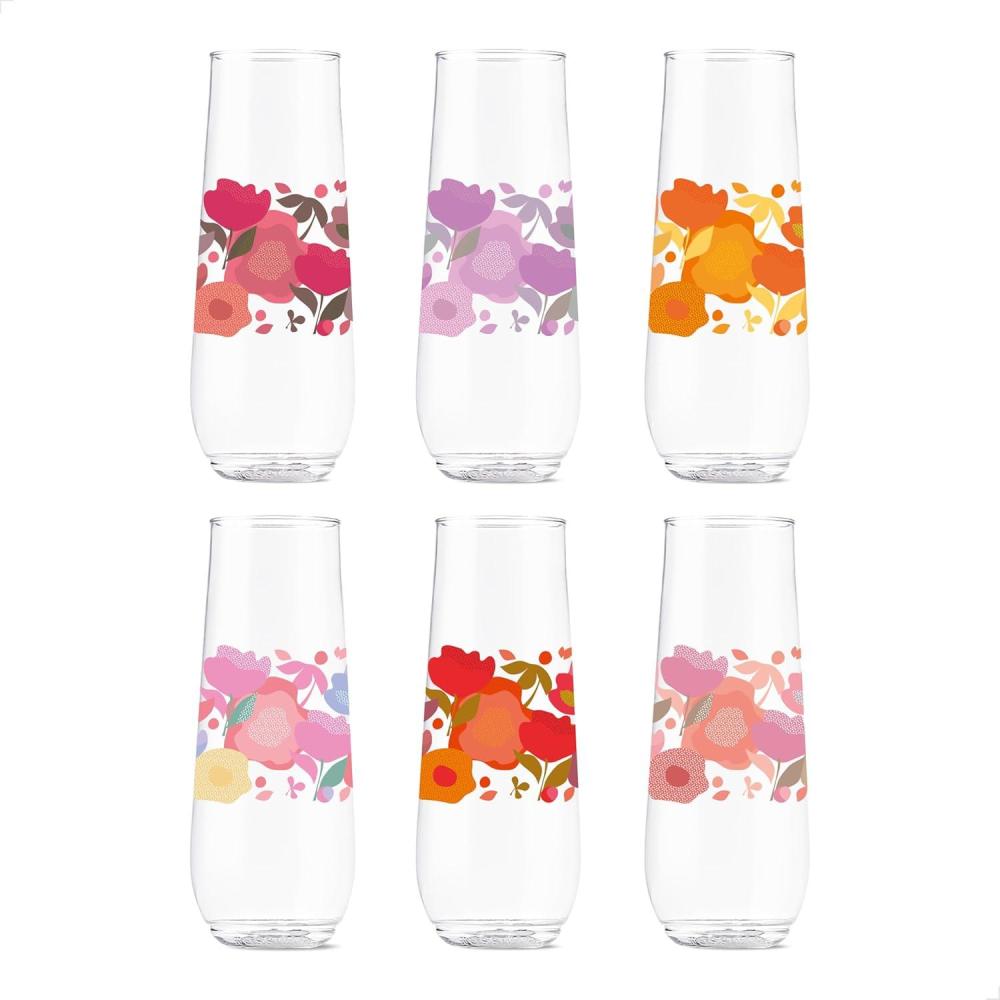 imageTOSSWARE POP 9oz Flute MidCentury Retro Series SET OF 6 Premium Quality Recyclable Unbreakable ampamp Crystal Clear Plastic Printed GlassesCrimson Blooms