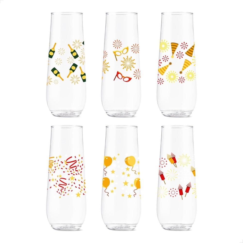 imageTOSSWARE POP 9oz Flute MidCentury Retro Series SET OF 6 Premium Quality Recyclable Unbreakable ampamp Crystal Clear Plastic Printed GlassesFestive Bliss