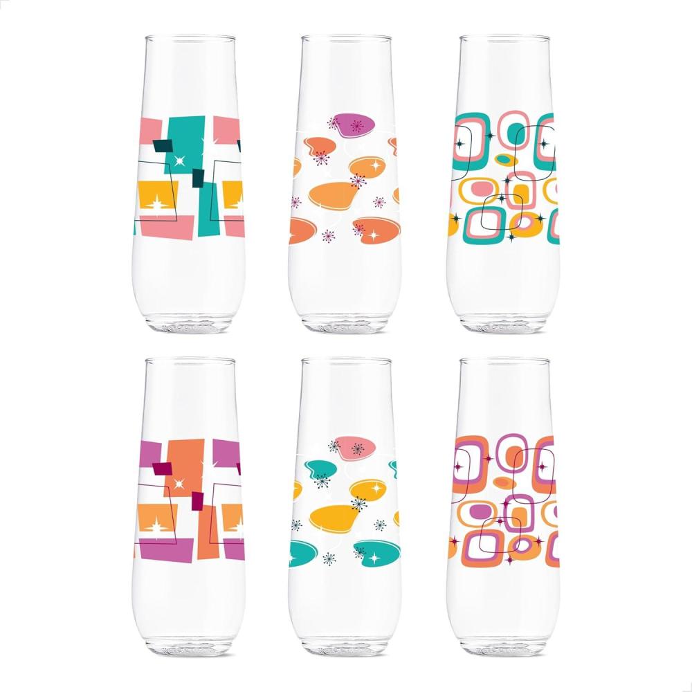imageTOSSWARE POP 9oz Flute MidCentury Retro Series SET OF 6 Premium Quality Recyclable Unbreakable ampamp Crystal Clear Plastic Printed GlassesMidCentury Retro Pattern