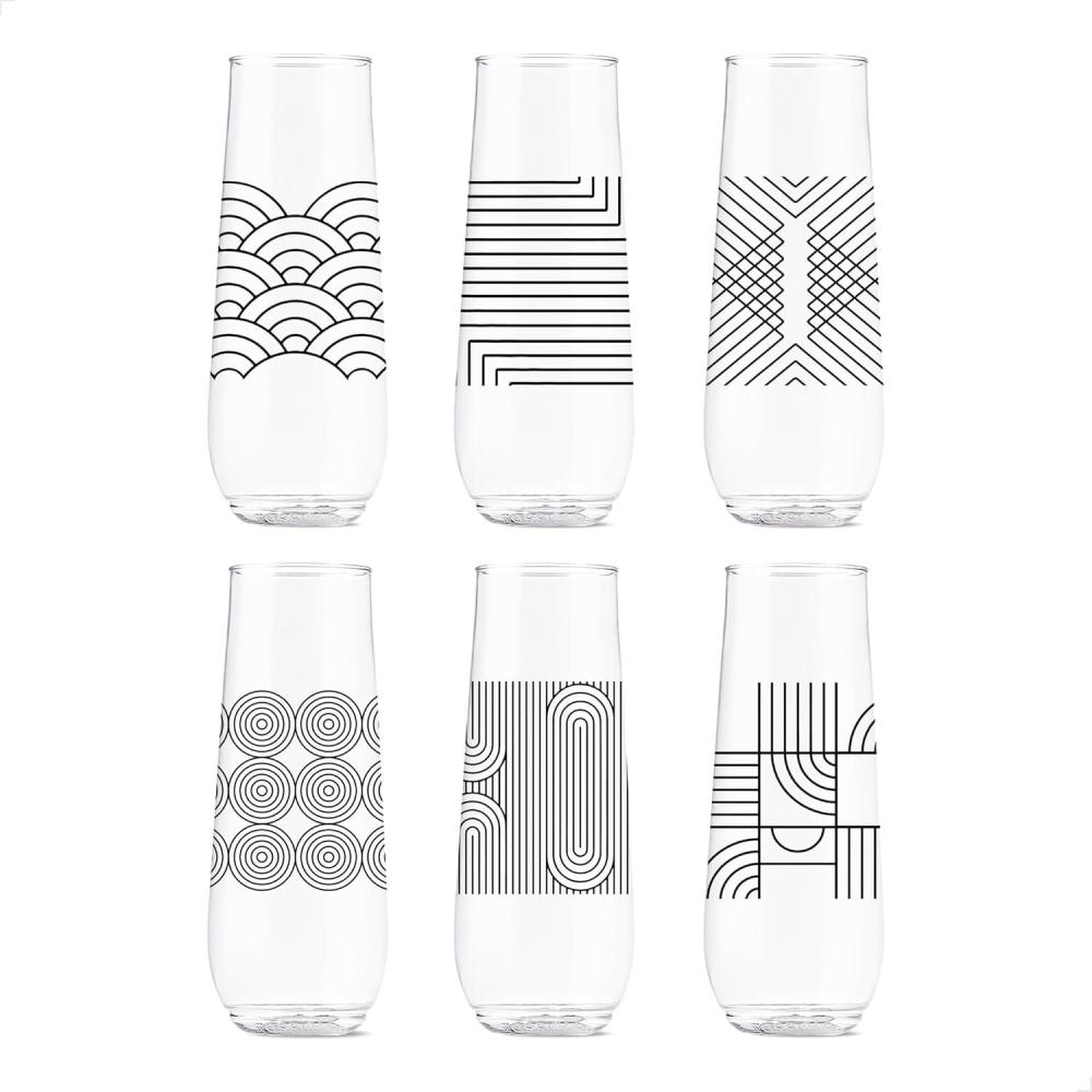 imageTOSSWARE POP 9oz Flute MidCentury Retro Series SET OF 6 Premium Quality Recyclable Unbreakable ampamp Crystal Clear Plastic Printed GlassesModern Geometric