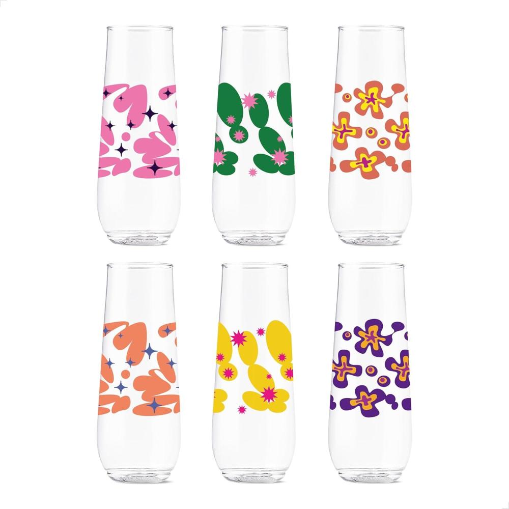imageTOSSWARE POP 9oz Flute MidCentury Retro Series SET OF 6 Premium Quality Recyclable Unbreakable ampamp Crystal Clear Plastic Printed GlassesRetro Cartoon Pattern