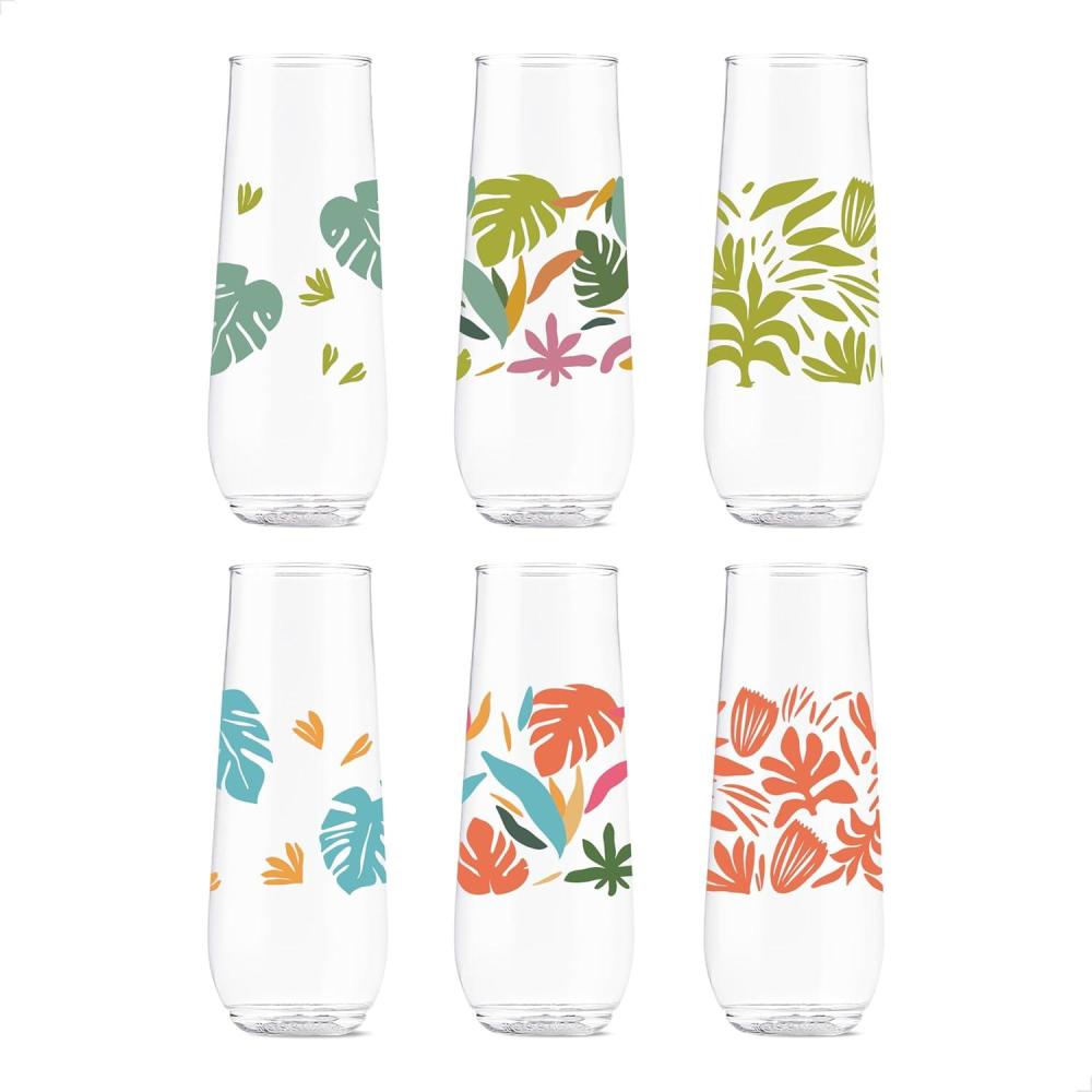 imageTOSSWARE POP 9oz Flute MidCentury Retro Series SET OF 6 Premium Quality Recyclable Unbreakable ampamp Crystal Clear Plastic Printed GlassesTropical Abstract