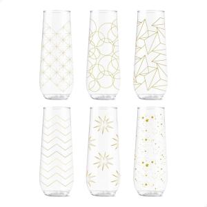 TOSSWARE POP 9oz Flute Linear Gold Series, SET OF 6, Premium Quality, Recyclable, Unbreakable & Crystal Clear Plastic Printed Champagne Glasses(Festive Cheers)