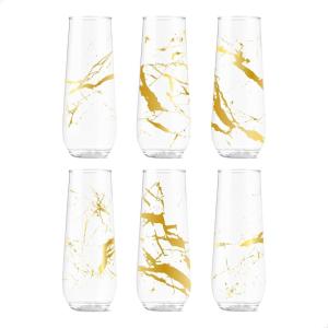 TOSSWARE POP 9oz Flute Linear Gold Series, SET OF 6, Premium Quality, Recyclable, Unbreakable & Crystal Clear Plastic Printed Champagne Glasses(Gold Foil Marble)