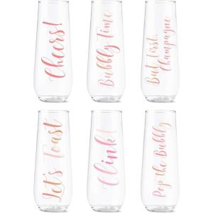 TOSSWARE POP 9oz Flute Linear Gold Series, SET OF 6, Premium Quality, Recyclable, Unbreakable & Crystal Clear Plastic Printed Champagne Glasses(Pink Rose Toast)