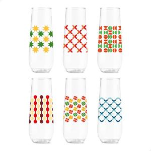 TOSSWARE POP 9oz Flute Mid-Century Retro Series, SET OF 6, Premium Quality, Recyclable, Unbreakable & Crystal Clear Plastic Printed Glasses(Abstract Christmas Pattern)
