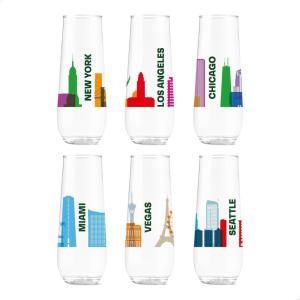 TOSSWARE POP 9oz Flute Mid-Century Retro Series, SET OF 6, Premium Quality, Recyclable, Unbreakable & Crystal Clear Plastic Printed Glasses(American Skylines)