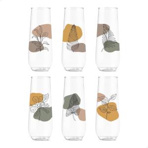 TOSSWARE POP 9oz Flute Mid-Century Retro Series, SET OF 6, Premium Quality, Recyclable, Unbreakable & Crystal Clear Plastic Printed Glasses(Botanical Linework)