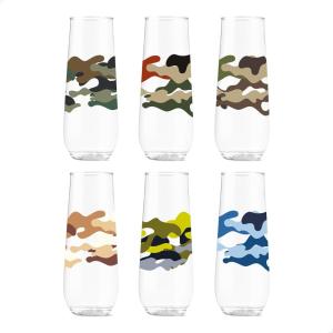 TOSSWARE POP 9oz Flute Mid-Century Retro Series, SET OF 6, Premium Quality, Recyclable, Unbreakable & Crystal Clear Plastic Printed Glasses(Camo)