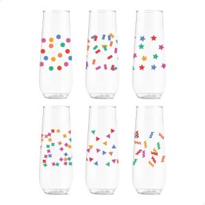 TOSSWARE POP 9oz Flute Mid-Century Retro Series, SET OF 6, Premium Quality, Recyclable, Unbreakable & Crystal Clear Plastic Printed Glasses(Confetti Galore)