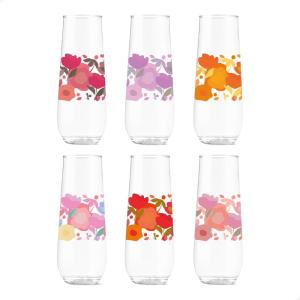 TOSSWARE POP 9oz Flute Mid-Century Retro Series, SET OF 6, Premium Quality, Recyclable, Unbreakable & Crystal Clear Plastic Printed Glasses(Crimson Blooms)