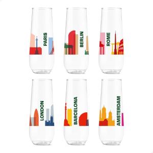 TOSSWARE POP 9oz Flute Mid-Century Retro Series, SET OF 6, Premium Quality, Recyclable, Unbreakable & Crystal Clear Plastic Printed Glasses(European Odyssey)