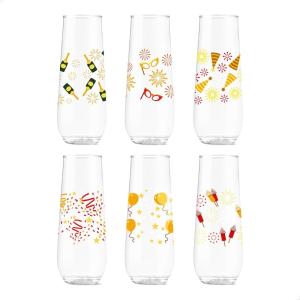 TOSSWARE POP 9oz Flute Mid-Century Retro Series, SET OF 6, Premium Quality, Recyclable, Unbreakable & Crystal Clear Plastic Printed Glasses(Festive Bliss)