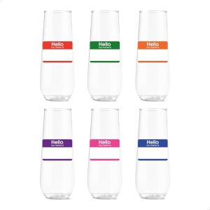 TOSSWARE POP 9oz Flute Mid-Century Retro Series, SET OF 6, Premium Quality, Recyclable, Unbreakable & Crystal Clear Plastic Printed Glasses(Hello  My Name Is)
