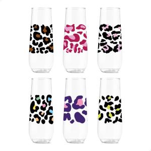 TOSSWARE POP 9oz Flute Mid-Century Retro Series, SET OF 6, Premium Quality, Recyclable, Unbreakable & Crystal Clear Plastic Printed Glasses(Leopard)