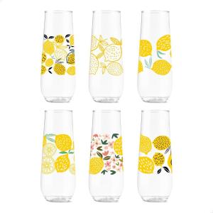 TOSSWARE POP 9oz Flute Mid-Century Retro Series, SET OF 6, Premium Quality, Recyclable, Unbreakable & Crystal Clear Plastic Printed Glasses(Limoncello)