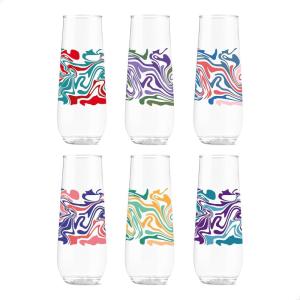 TOSSWARE POP 9oz Flute Mid-Century Retro Series, SET OF 6, Premium Quality, Recyclable, Unbreakable & Crystal Clear Plastic Printed Glasses(Liquid Marble)