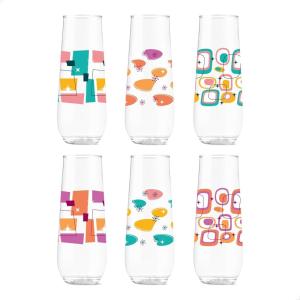 TOSSWARE POP 9oz Flute Mid-Century Retro Series, SET OF 6, Premium Quality, Recyclable, Unbreakable & Crystal Clear Plastic Printed Glasses(Mid-Century Retro Pattern)