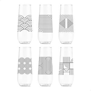 TOSSWARE POP 9oz Flute Mid-Century Retro Series, SET OF 6, Premium Quality, Recyclable, Unbreakable & Crystal Clear Plastic Printed Glasses(Modern Geometric)