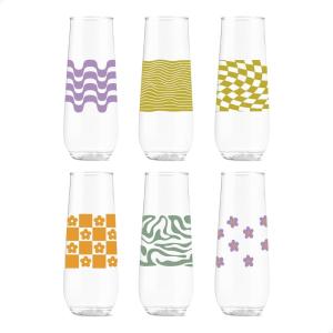 TOSSWARE POP 9oz Flute Mid-Century Retro Series, SET OF 6, Premium Quality, Recyclable, Unbreakable & Crystal Clear Plastic Printed Glasses(Retro Art)
