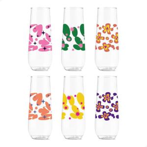 TOSSWARE POP 9oz Flute Mid-Century Retro Series, SET OF 6, Premium Quality, Recyclable, Unbreakable & Crystal Clear Plastic Printed Glasses(Retro Cartoon Pattern)