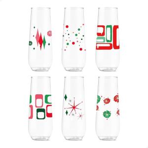 TOSSWARE POP 9oz Flute Mid-Century Retro Series, SET OF 6, Premium Quality, Recyclable, Unbreakable & Crystal Clear Plastic Printed Glasses(Retro Festive Pattern)