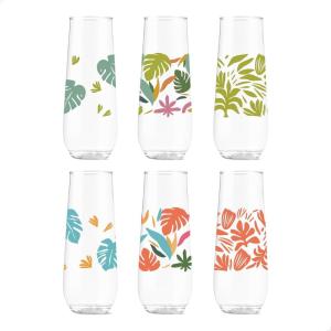 TOSSWARE POP 9oz Flute Mid-Century Retro Series, SET OF 6, Premium Quality, Recyclable, Unbreakable & Crystal Clear Plastic Printed Glasses(Tropical Abstract)