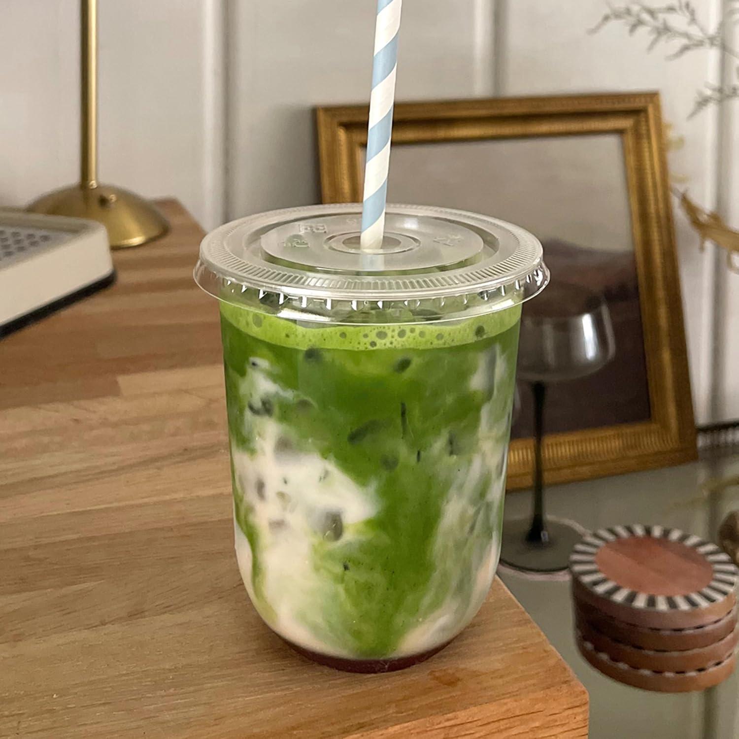 imageTOSSWARE NATURAL Flat Lid With Straw Slot Set of 50 Plant Based 98mm Lids for Cold Cups Plastic Alternative Clear Lids Only Compatible with TOSSWARE NATURAL 98mm Cups